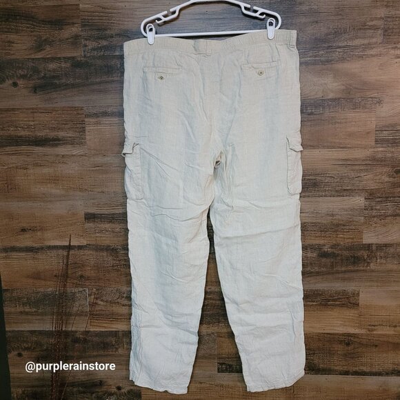 Tommy Bahama Linen Cargo Pants L Relaxed Straight Stone Beige Coastal - Picture 2 of 10